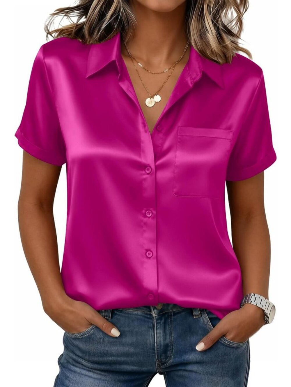 Elegant Satin Blouse for Women | Silk Button Down Short Sleeve Top